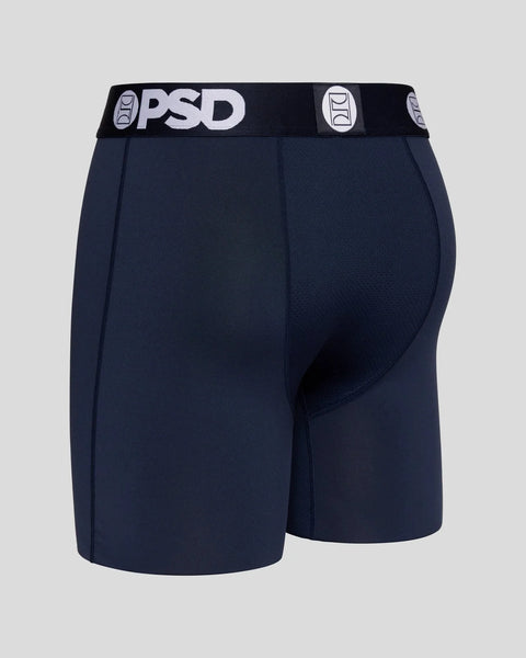 Navy blue PSD brand boxer briefs with black and white elastic waistband featuring logo.