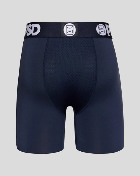 Navy blue boxer briefs with white branded waistband featuring logo graphics.