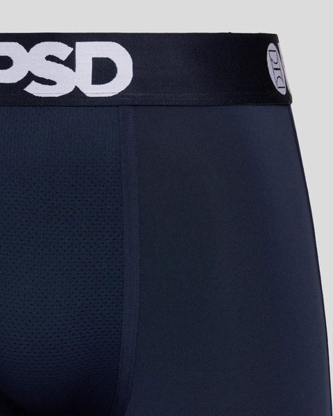 Navy blue underwear with elastic waistband featuring white brand logo.
