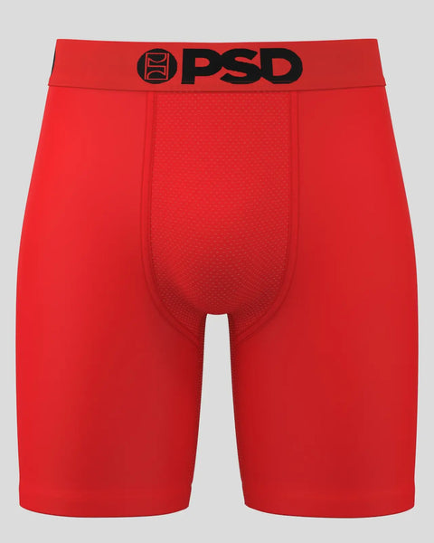 Red PSD boxer briefs with black waistband logo and textured front pouch panel.