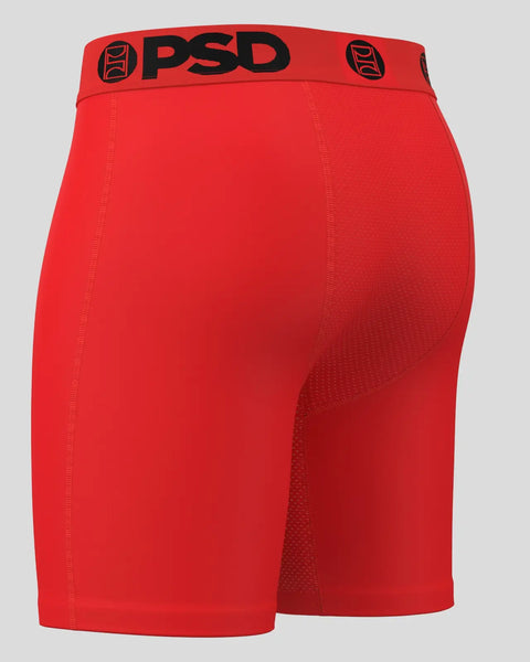 Red PSD brand shorts with black waistband and textured side panels.
