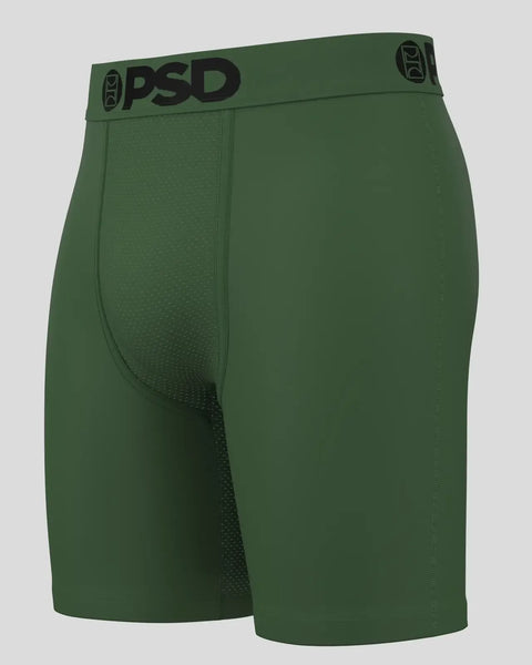 Olive green PSD brand boxer shorts with textured side panels and black waistband logo.