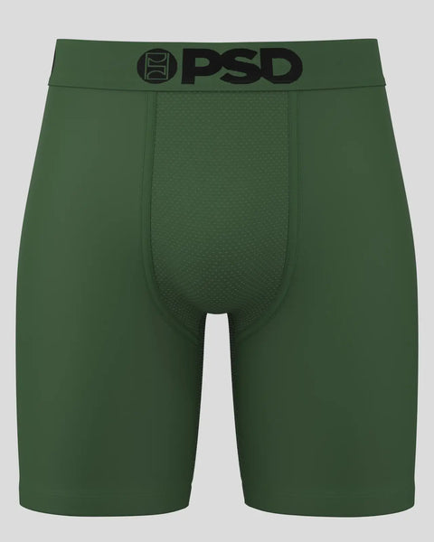 Olive green PSD boxer shorts with textured front panel and black waistband logo.