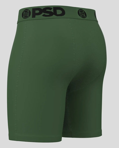 Olive green PSD boxer briefs with black waistband logo and textured side panels.