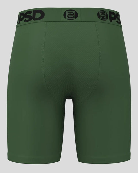 Olive green boxer briefs with PSD brand waistband and center seam detail.