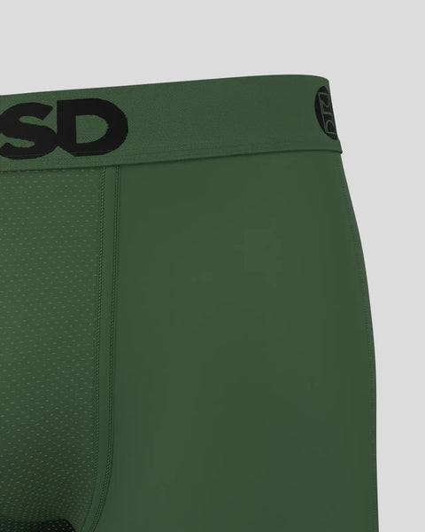 Olive green underwear with textured fabric and elastic waistband featuring black branding.