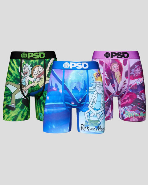 Three PSD boxer briefs featuring Rick and Morty designs in green, blue, and purple colorways with character artwork and porta