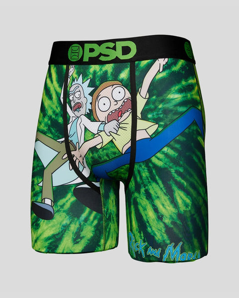 Men's boxer shorts with Rick and Morty characters and green portal design on black waistband.