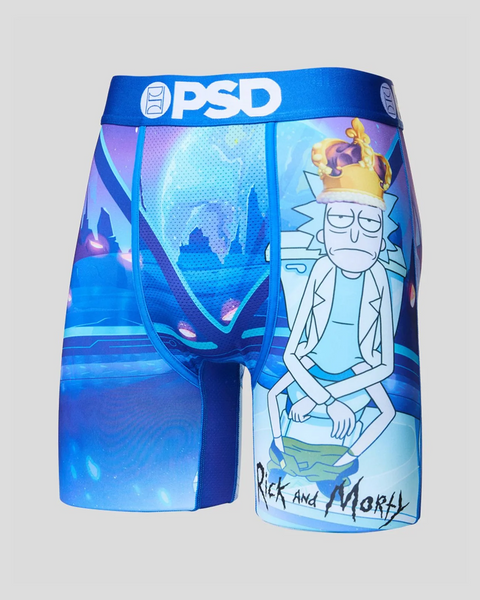 PSD brand boxer briefs featuring Rick and Morty character and portal imagery on blue background.