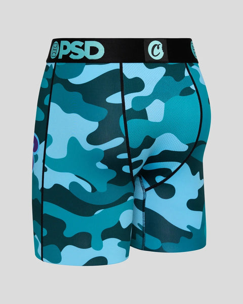 Blue camouflage boxer shorts with black PSD waistband and Cookies logo on side.