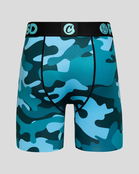 Blue camouflage boxer shorts with black waistband and brand logo.