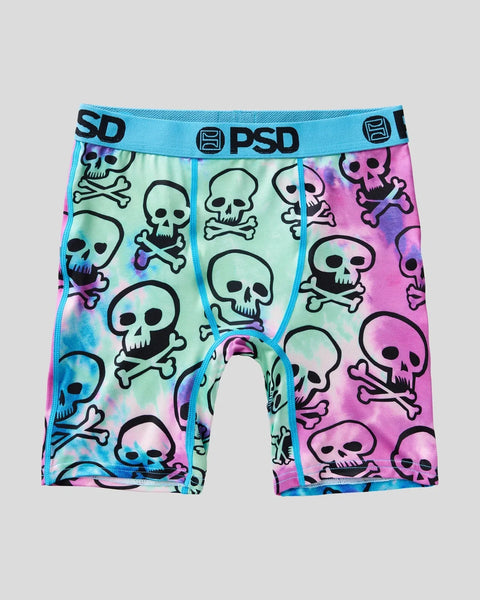 PSD boxer briefs with all-over skull and crossbones print in mint green and pink gradient with blue waistband.