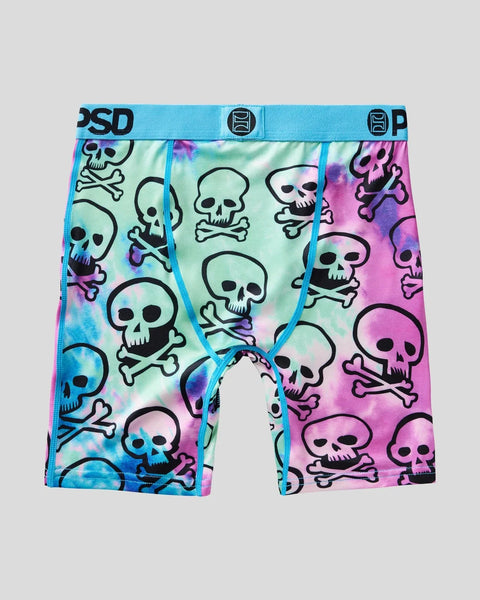 Boxer shorts with blue waistband featuring all-over skull and crossbones print in black on gradient pink, blue, and green fab