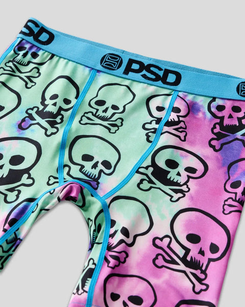 Underwear with skull and crossbones pattern in green, pink, and purple gradient with blue waistband and PSD branding.