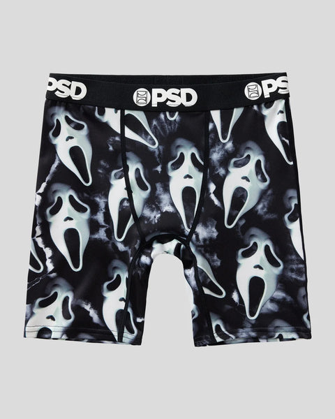 Black boxer briefs with white ghost face print pattern and PSD waistband.
