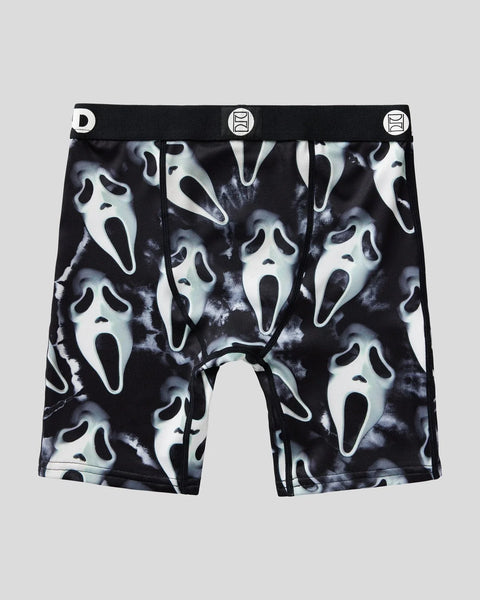 Black boxer briefs with repeating white ghost face print and black waistband with brand logos.