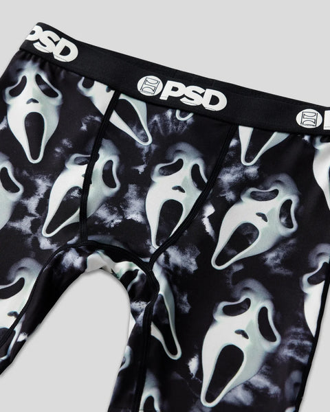 Black and white ghost face print underwear with PSD waistband and logo.