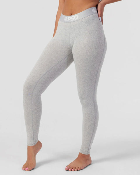Athletic grey modal leggings with branded waistband, shown on model from waist to feet.