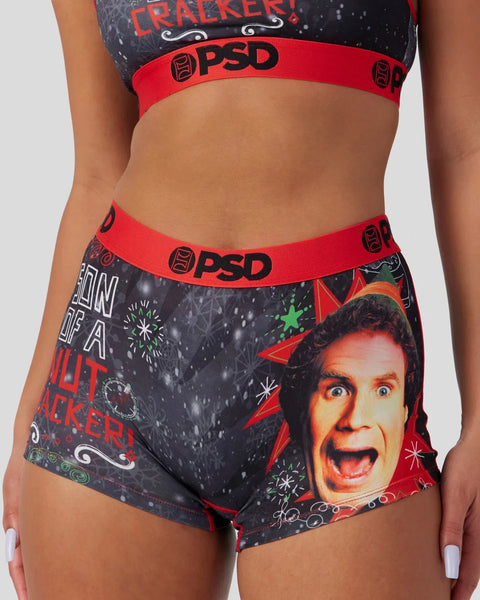 Red and black PSD underwear with elf character graphic and 