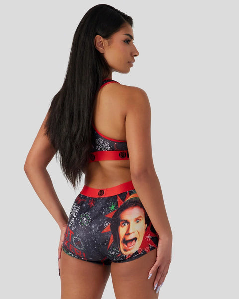 Red and black two-piece costume set with character print, featuring halter crop top and shorts with decorative buckle details