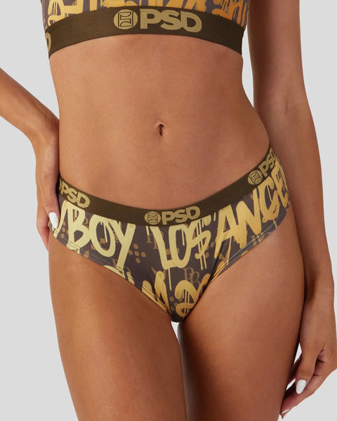 Playboy Graffiti Luxe bikini brief with gold and black graffiti-style text print and PSD waistband.