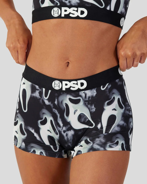 Black boxer shorts with white ghost face print and PSD waistband.