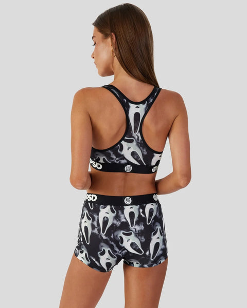 Black and white ghost face print sports bra and shorts set with racer back design.