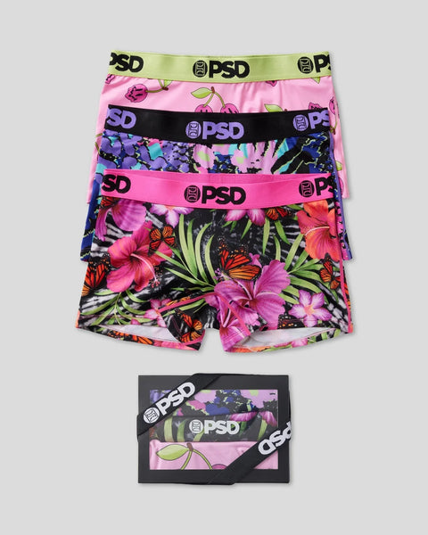 Three PSD boxer briefs with lime, pink, and black waistbands featuring tropical flowers, butterflies, and fruit prints.