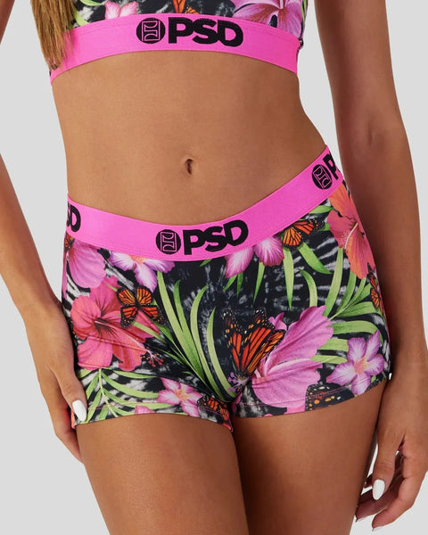 PSD neon pink and black floral print boyshort with tropical flowers and butterflies and matching pink waistband.