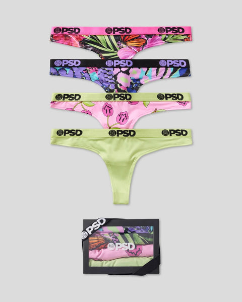 Four PSD underwear with neon waistbands in pink, purple, pink floral, and lime green, displayed with packaging box.