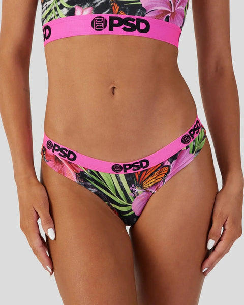 PSD bikini set with pink elastic waistband and black floral print featuring butterflies and tropical leaves.