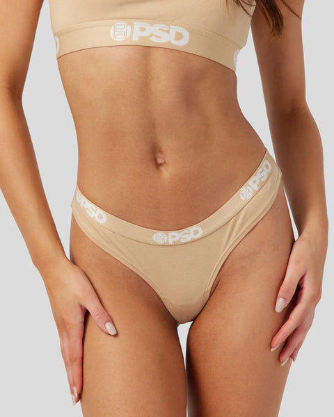 Sand-colored modal underwear set with PSD branding on elastic waistbands.