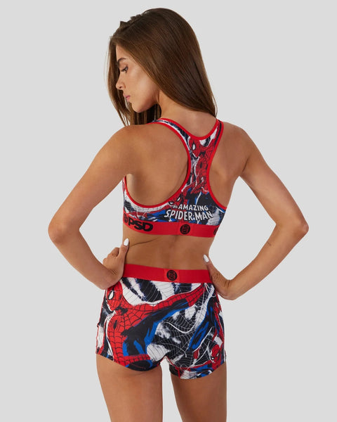 Red Spider-Man sports bra and shorts set with printed design, racer back style, shown on model from back view.