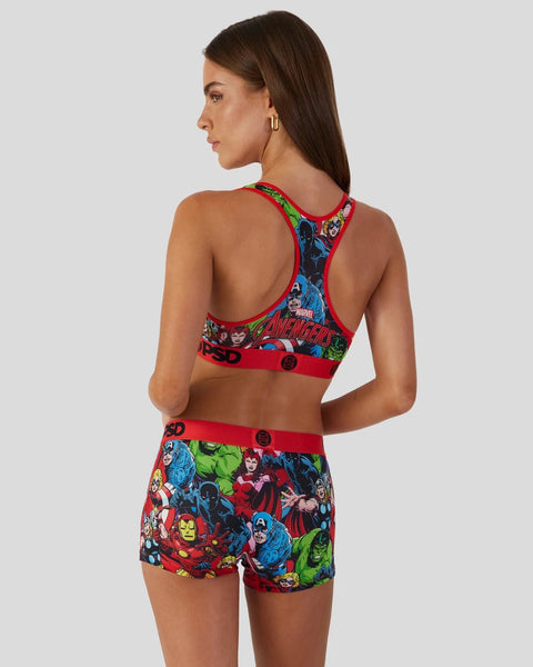 Red Avengers-print racerback sports bra and shorts set with character graphics and red elastic bands.
