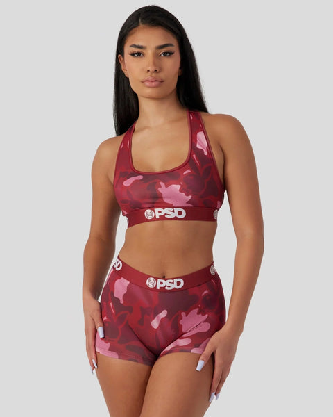 Burgundy camo print sports bra and shorts set with PSD branding on elastic waistbands.