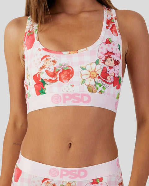 Pink sports bra with strawberry shortcake character and fruit print, PSD waistband.