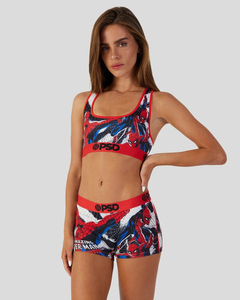 Red sports bra and shorts set with Spider-Man comic print and PSD branding.