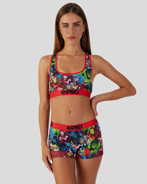 Women's sports bra and shorts set featuring colorful Avengers character print with red trim and waistband.