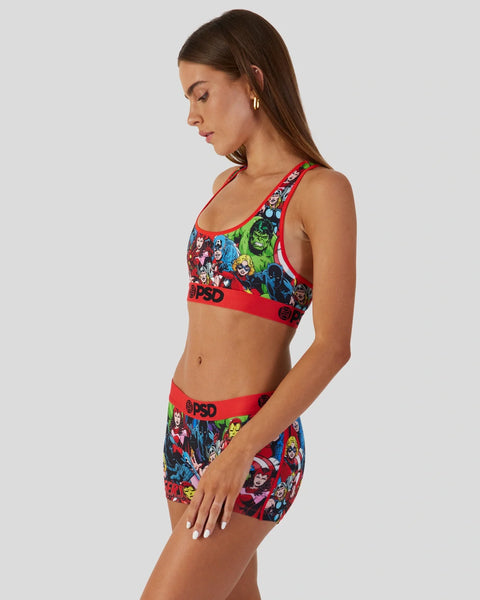 Women's sports bra and shorts set with Avengers character print and red trim.