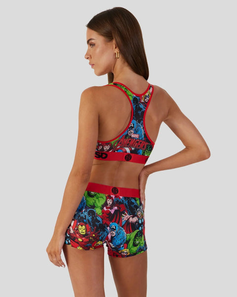 Marvel Avengers two-piece set with colorful character print, red bands, and racerback design.
