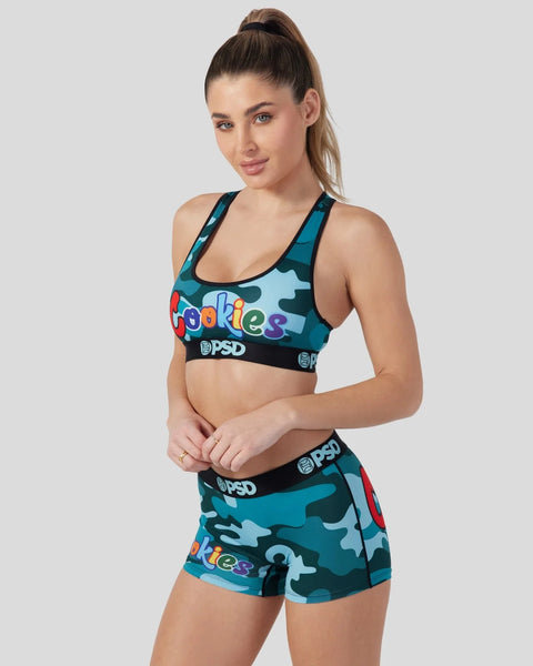 Blue camouflage sports bra and shorts set with colorful 