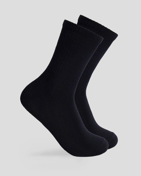Pair of black ribbed crew socks displayed against a neutral background.