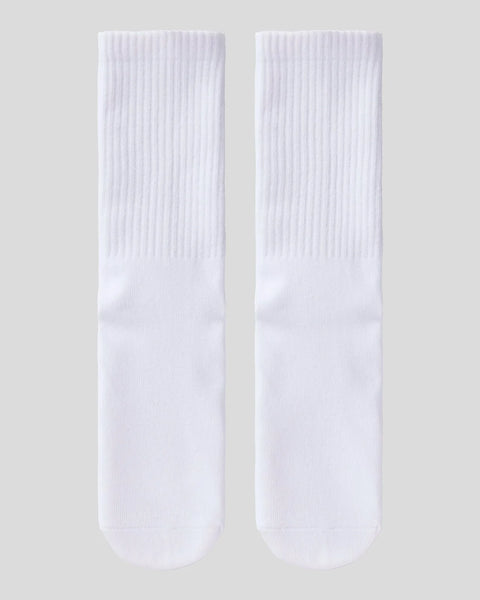 Pair of white crew socks with ribbed texture throughout and cushioned sole.