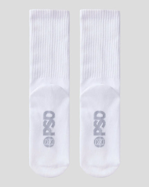 Pair of white crew socks with gray branding on the foot, displayed flat against a neutral background.