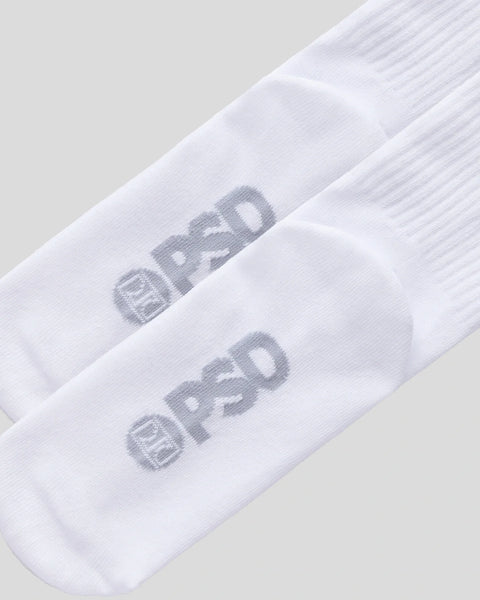 White crew socks with gray brand text on the calf.