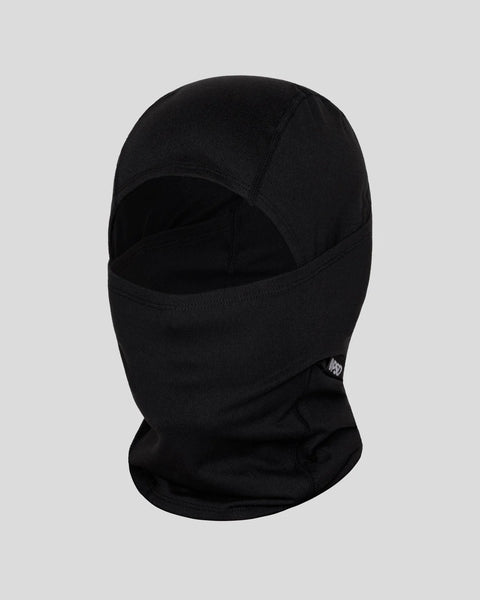 Black knit balaclava with face and neck coverage against a gray background.