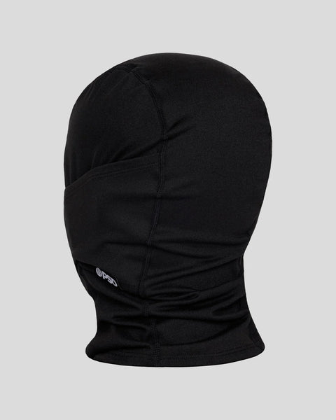 Black knit balaclava with logo patch and center seam detail.
