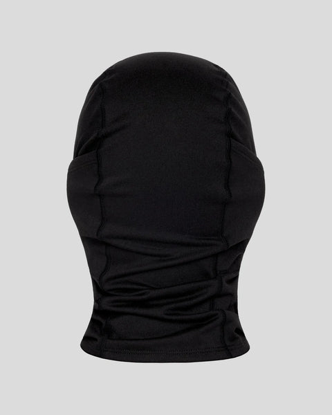 Black balaclava with ruched waist detail and fitted silhouette.