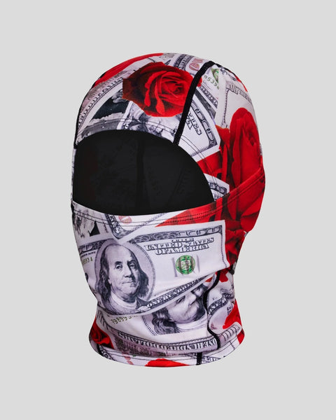 Balaclava with red rose and dollar bill print pattern covering face and neck.