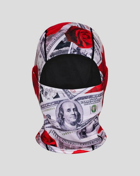Red and white balaclava with dollar bill and rose print design.